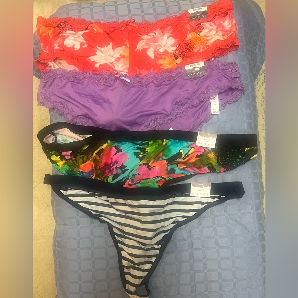 Lot of 4 NWT Cacique panties size 22/24. cheeky, tanga, thong & gstring